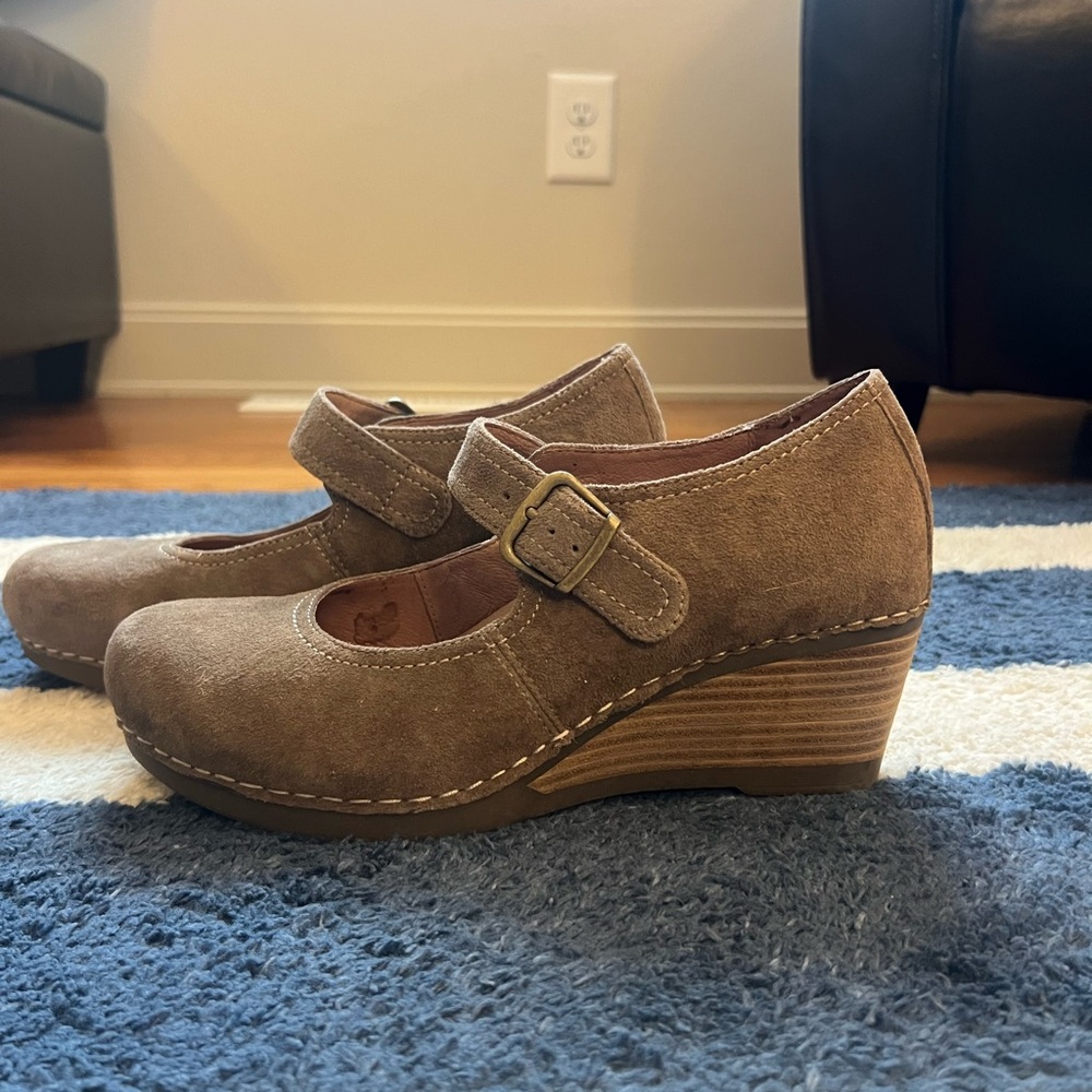 Dansko Sandra Mary Jane Wedge Shoes in taupe suede